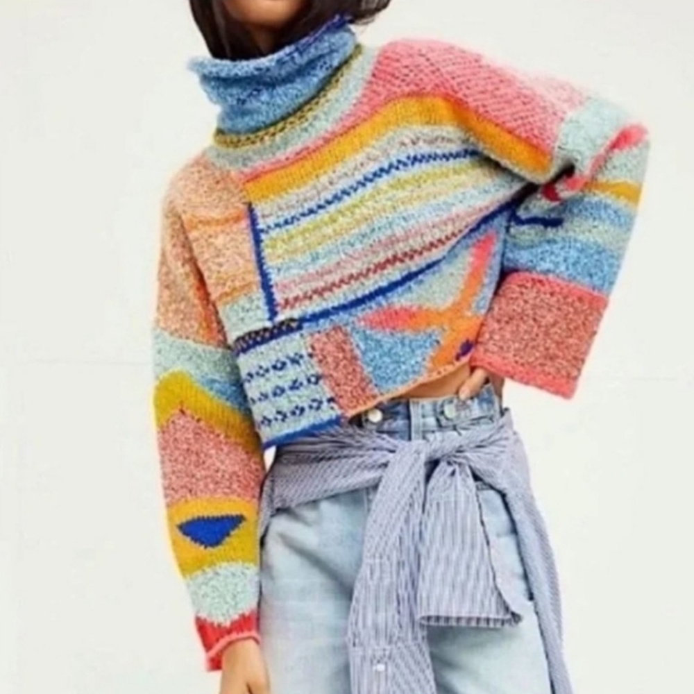 Sincerely Jules Colorful Abstract Oversized Cozy Yarn Knit Funnel Neck Sweater